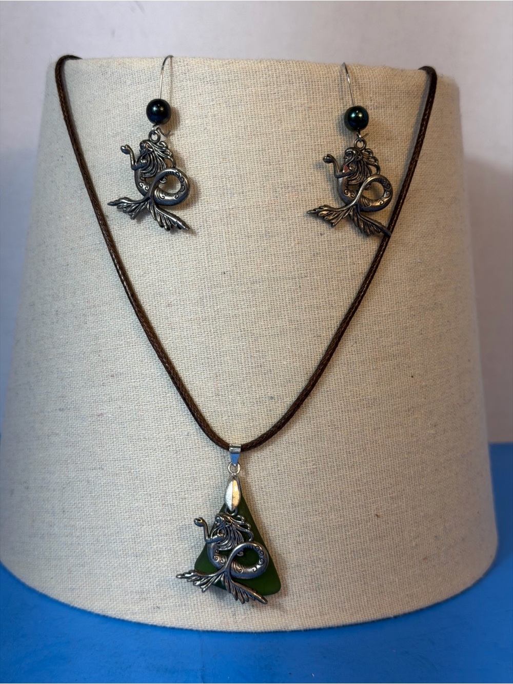 Mermaid Pendant Necklace and Earrings Set - Green